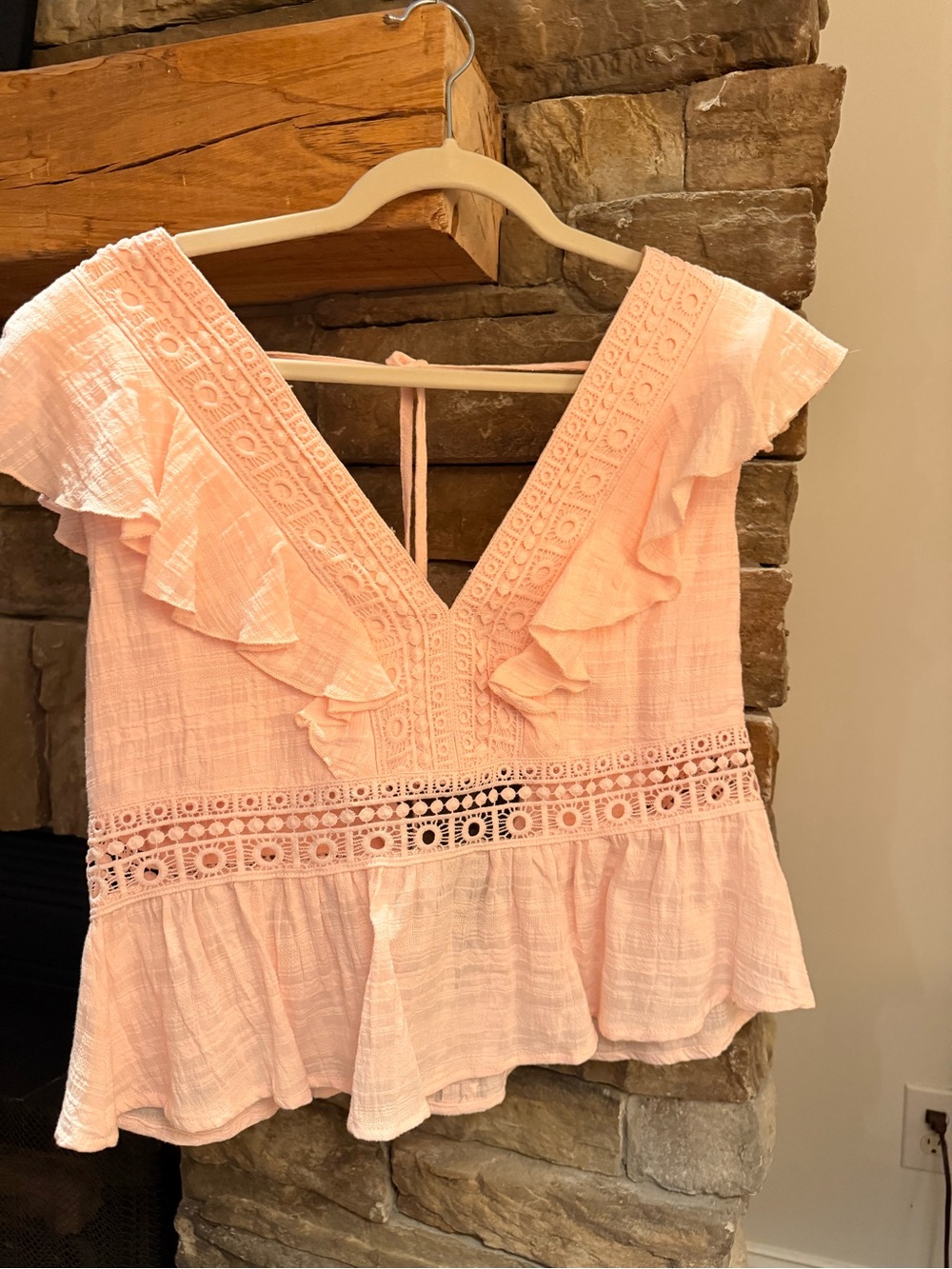 miami Peach-Pink Ruffle V-Neck Crochet-Trim Top